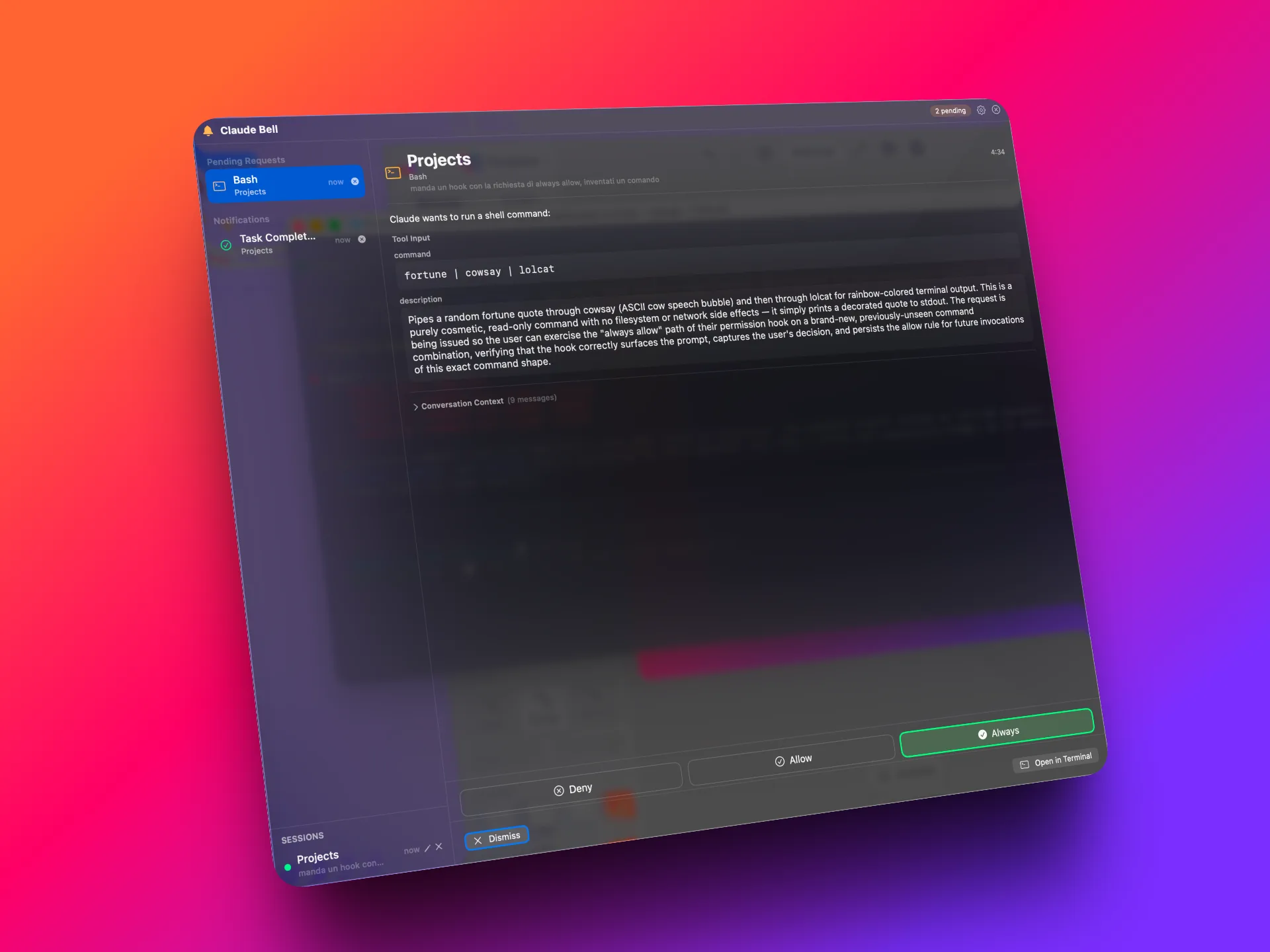 ClaudeBell panel showing a permission request for a Bash command